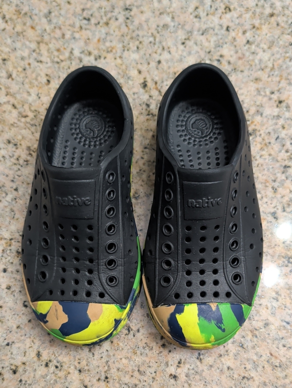 Native Black Slip-On Shoes with Yellow, Green, Navy and Tan Camouflage Toe
